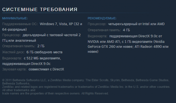 Skyrim жүйесінің талаптары
